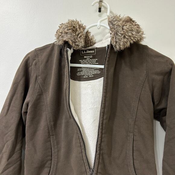 L.L. Bean Girls Sz Medium 10-12 Brown Lined Faur Fur Full Zip Sweatshirt Jacket - Picture 2 of 5